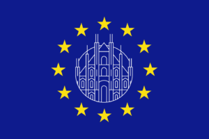 The EU flag with a Milanese icon in the centre