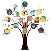 Silhouette of a tree with colored clipart icons on the branches. The icons denote different types of survey and assesment images which are purely decorative