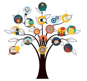 Silhouette of a tree with colored clipart icons on the branches. The icons denote different types of survey and assesment images which are purely decorative