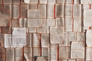 A photograph of dozens of open books and atop one another. The right angles of the books' spines and edges contrastwith the folds and imprints of gently used pages