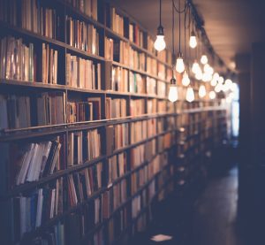 A photo of a bookshelf running the full length of a narrow, lighted hallway. The focused foreground advances into a blurred background.