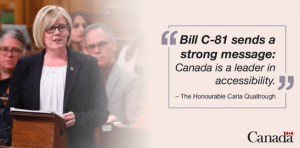 Photograph of the Hon Carla Qualtrough at a podium with a quote in a side box which reads "Bill C-81 sends a strong message: Canada is a leader in accessibility".