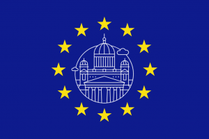 The EU flag with a landmark icon of Helsinki's cathedral placed in the middle