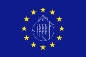 European flag with an icon of a typical Dutch house in the middle