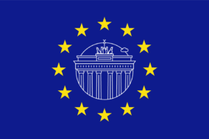 The European flag with an icon of The Brandenburg Gate in the center