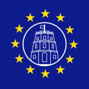 The EU flag with an icon of The Gediminas Castle Tower in Vilnius in the middle