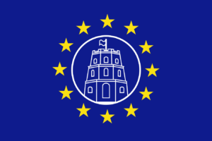 The EU flag with an icon of The Gediminas Castle Tower in Vilnius in the middle