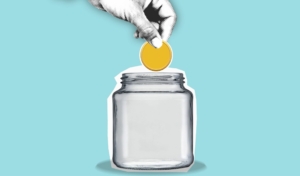 Image of a coin being deposited in an empty jar