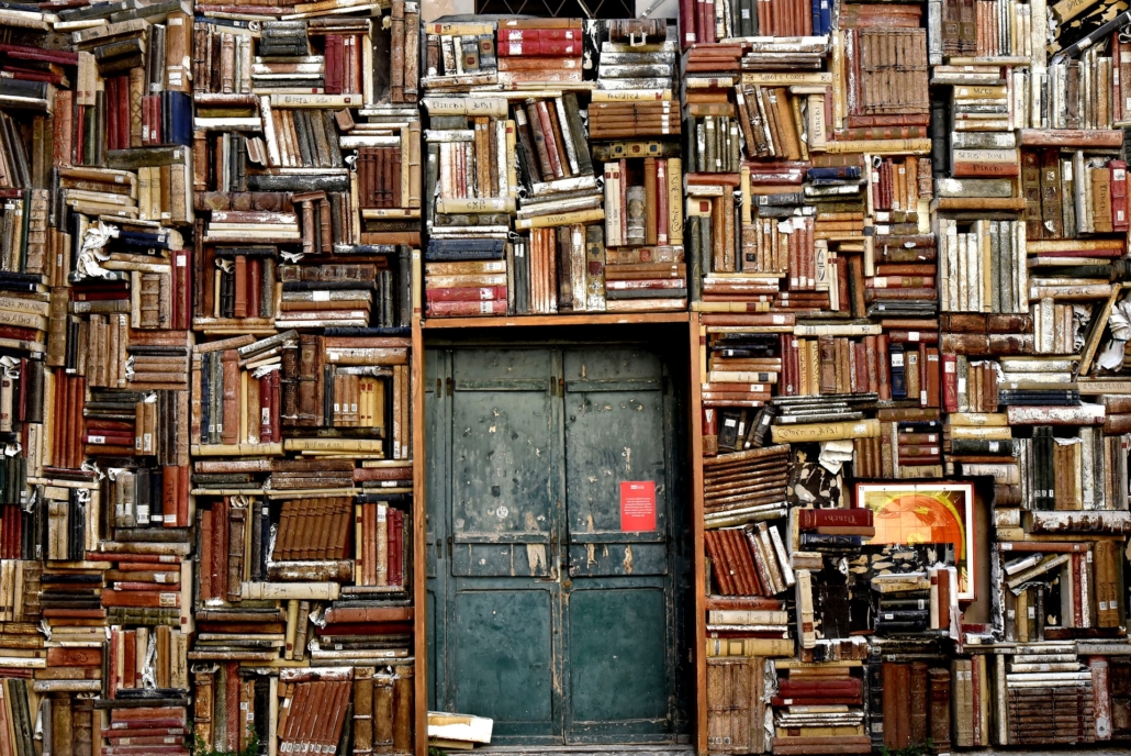 a door in a wall of books signifying access to knowledge