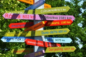Signpost with multi coloured signs for many parts of the world - used to symbolise guidance