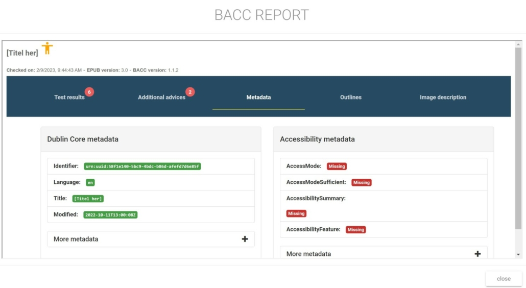 a screen grab of the bacc tool highlighting specific missing metadata