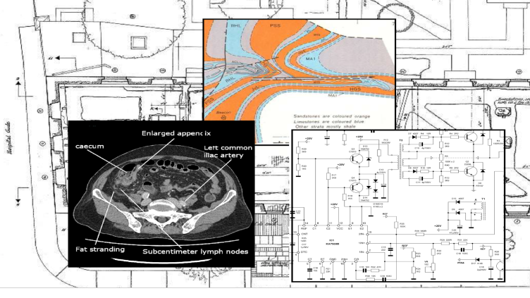 Composite image showing architectural plans, geology map, electronic circuits and MRI scan