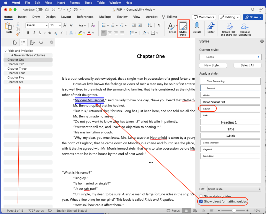 Screenshot from MS word shwing the navigation pane open on the left. Styles pane on the right showing the direct formatting button turned on and some locally formatted text highlighted in purple