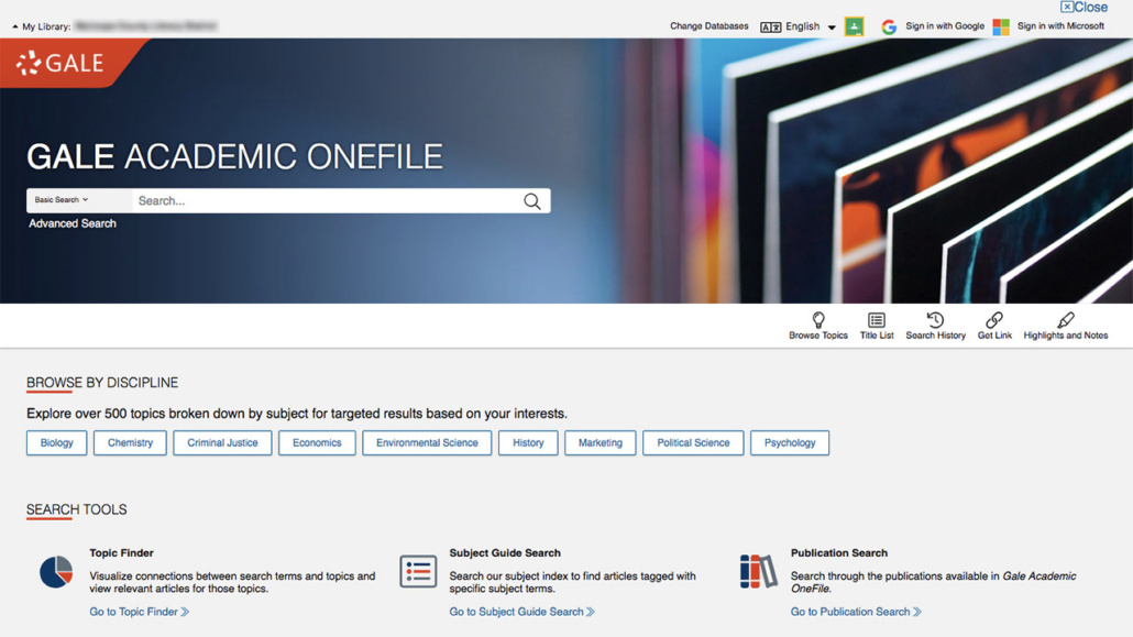 The Academic OneFile home page with a search box in the top third of the page and a number of browsing options at the bottom.
