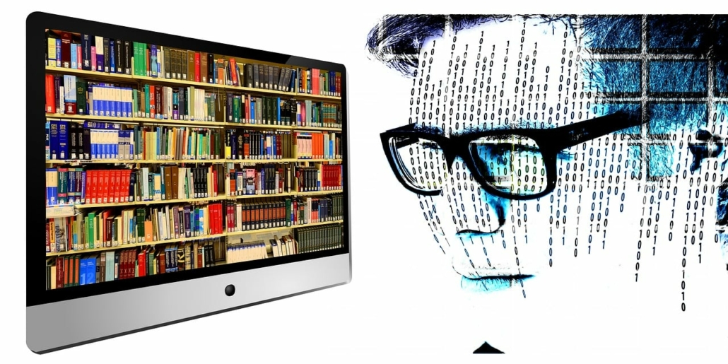 Profile of a man wearing glasses, with binary code running down his face, looking at a screen refelcting an image of a bookshelf.