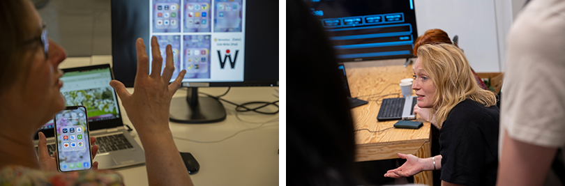 2 images from the funka demo day. The left hand image shows the profile of a woman holding a smart phone infront of a laptop and one other bigger screen. The right hand image shows another woman sitting at a desk appearing to answer a question.