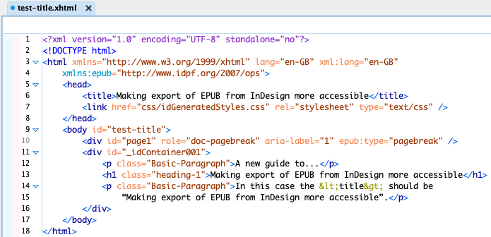 Screenshot of a snippet of ebook HTML. In the body there are two paragraphs around the level-one header. InDesign intelligently took the text of the h1 to populate the title field in the header. 