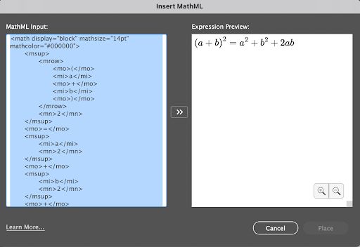 Screenshot of the Insert MathML window. Raw MathML is on the left with the equation preview on the right.