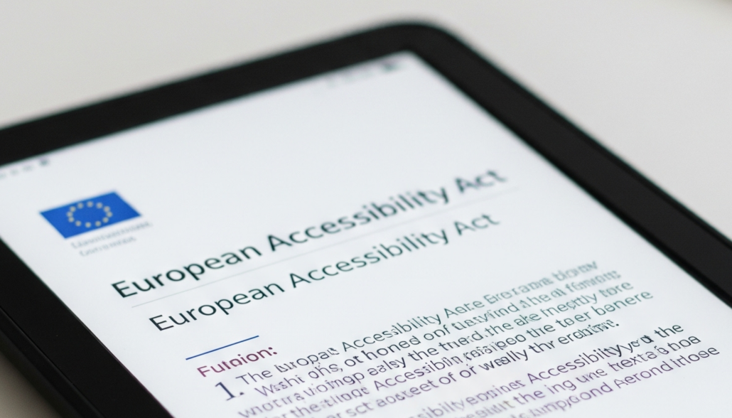 Portion of an ereading device screen with the EU flag and title European Accessibility Act displayed