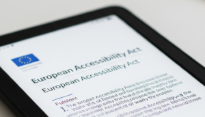 Portion of an ereading device screen with the EU flag and the title European Accessibility Act displayed
