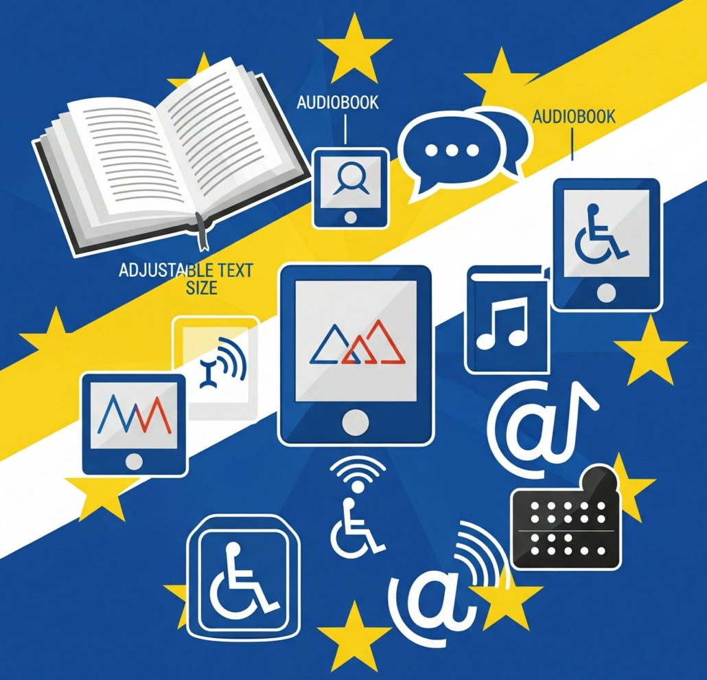 Stylized graphic representing the European Accessibility Act's impact on digital publishing, featuring icons for open books, e-readers, audiobooks, adjustable text size, text-to-speech, and braille displays, set against the blue and yellow colors of the EU flag.